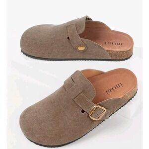 Womens Suede Clogs Genuine Leather Mules Cork Footbed Sandals, Size US 10, Brown